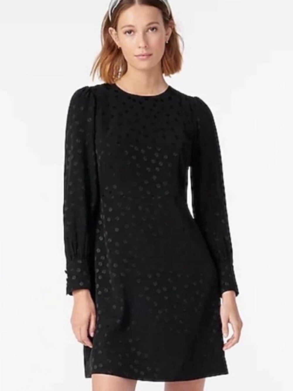 J Crew Jacquard Black Long-Sleeve A Line Tonal Polka Dot Dress Size 10 NWOT